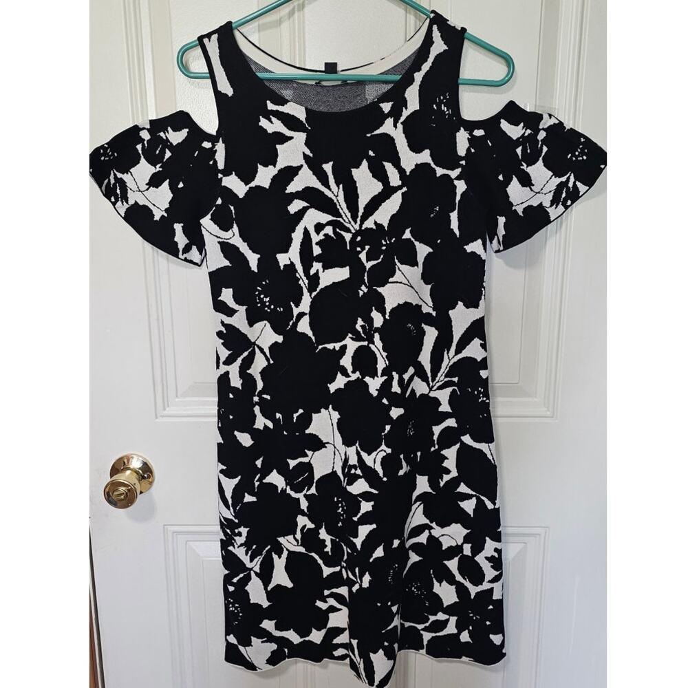Ann Taylor Black & White Floral Cold Shoulder Sweater Dress
